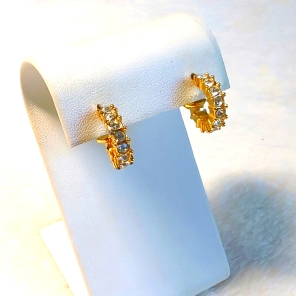 Vintage Small Goldtone and Clear Rhinestone Half Hoop Pierced Earrings - Picture 1 of 6